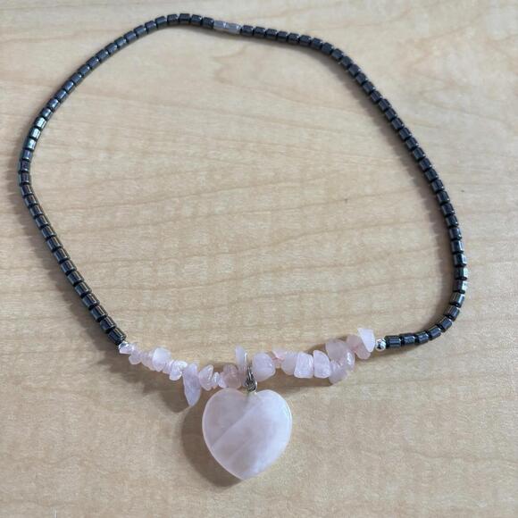 Rose Quartz Heart Pendant Necklace 17.5" – Hematite Beads & Chip Stones - Picture 1 of 3